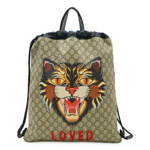 GUCCI GG Supreme Angry Cat LOVED Drawstring Backpack in PVC, Beige and Dark B...